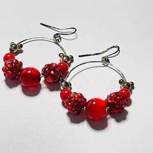 Disney Red Beaded Hoop Earrings Hidden Mickey Silver Tone Dangle